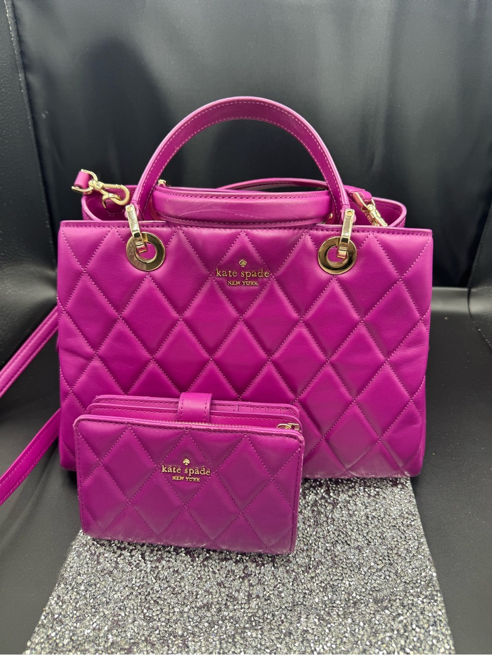 kate spade Quilted Fuchsia /Baja Rose Satchel with Matching Wallet